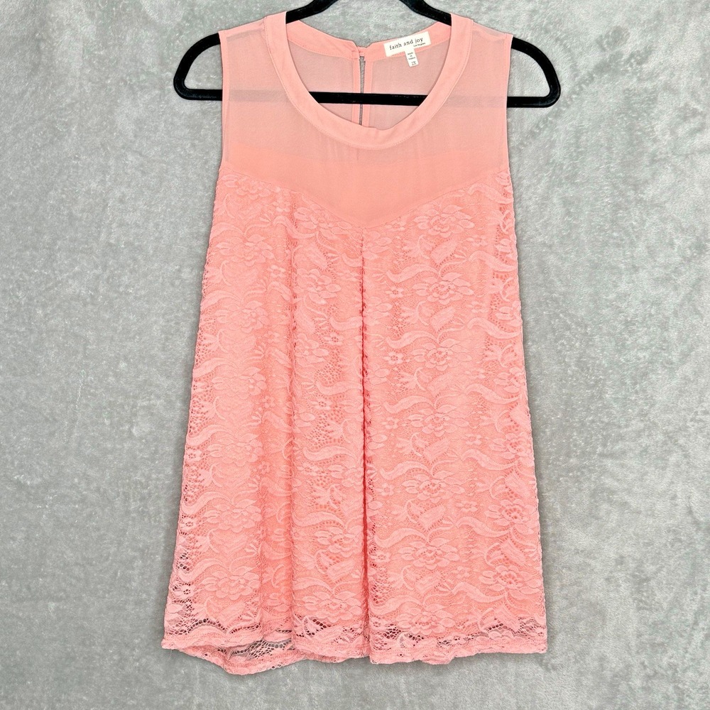 Faith and Joy Womens Top 2X Pink Floral Lace Sleeveless Scoop Neck Semi Sheer